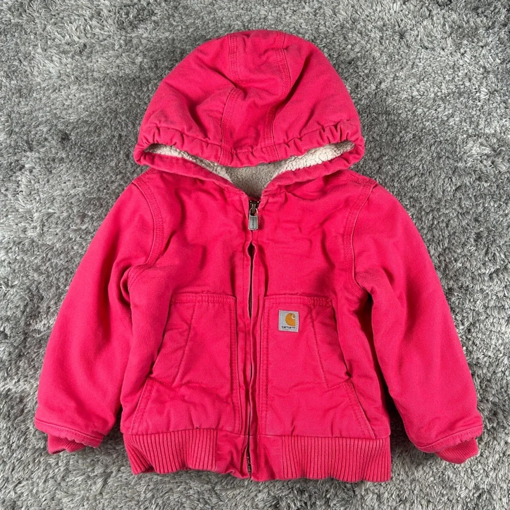Carhartt‎ Canvas Hooded Jacket Kids 18M Pink Sherpa Lined Active Zip Up Coat